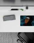 Dark moody anime mouse pad 14x10 inches in stormy blue-gray with sharp blacks and warm orange accents.
