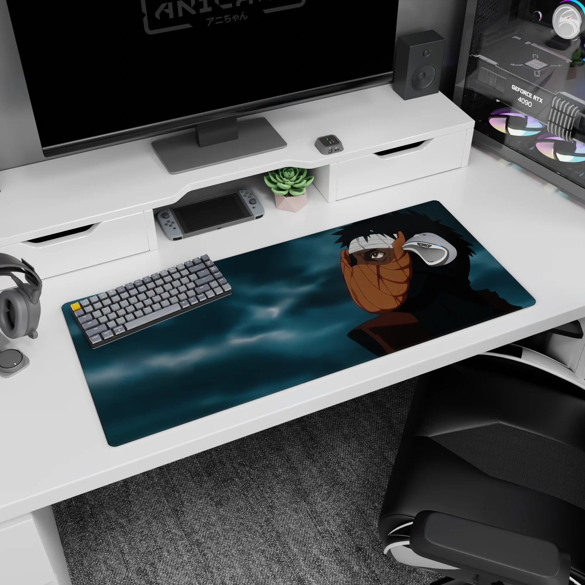 36x16 inches Naruto Shippuden desk mat showing Obito gazing up through his orange spiral mask.
