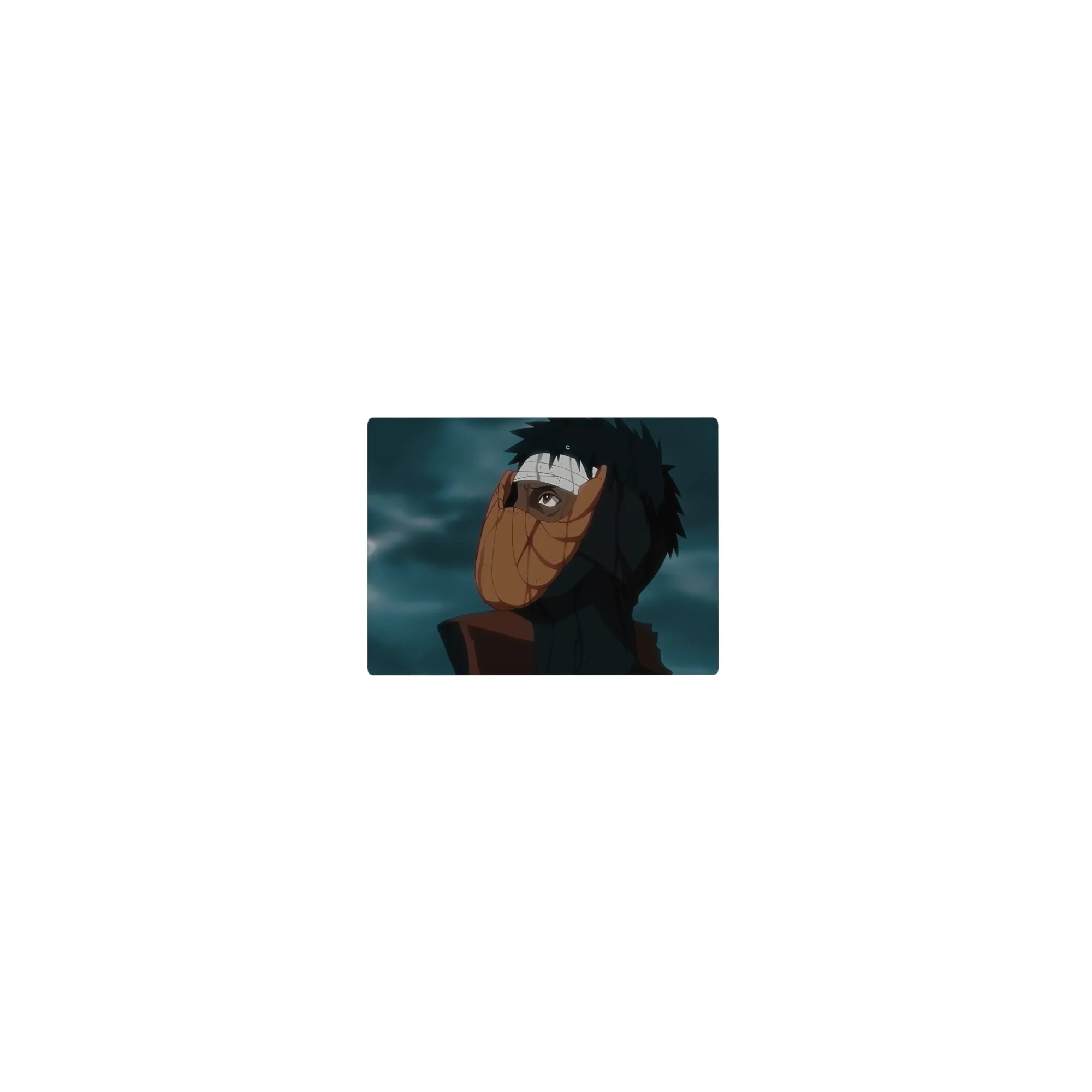 Classic anime mouse pad 14x10 inches with orange spiral mask portrait and cinematic cloud backdrop.