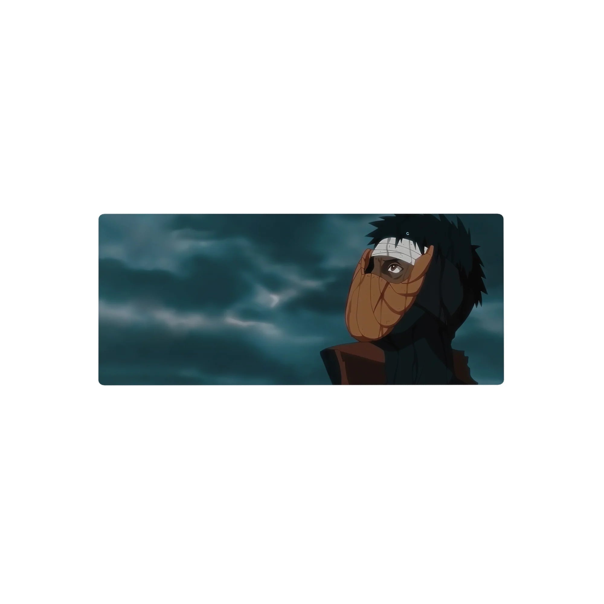 28x12 inches anime mouse pad with Obito Uchiha orange spiral mask and stormy clouds backdrop.