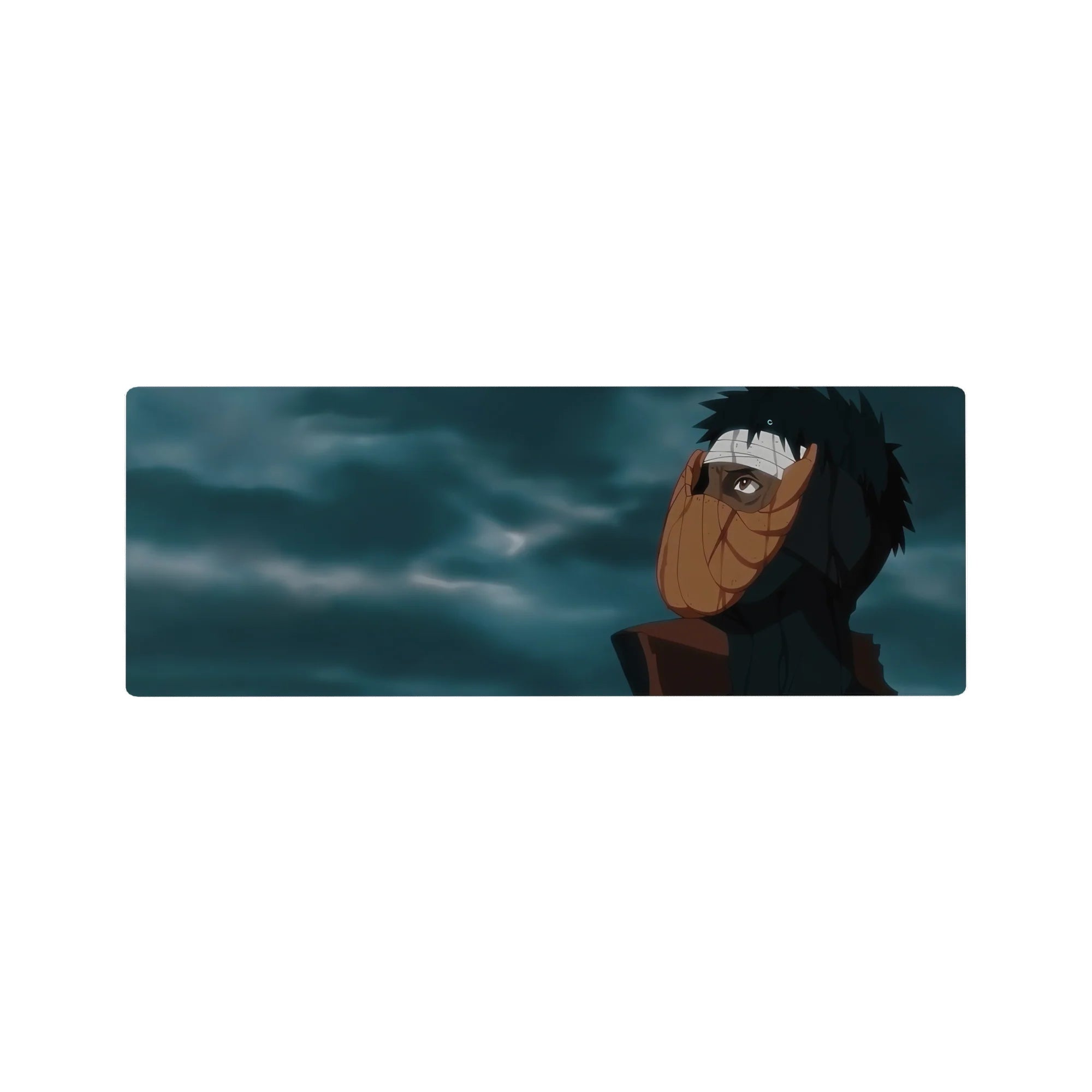 32x12 inches anime mouse pad with orange spiral mask figure and stormy clouds background, cinematic desk mat.