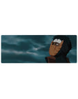 32x12 inches anime mouse pad with orange spiral mask figure and stormy clouds background, cinematic desk mat.