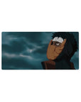 32x16 inches anime mouse pad with orange spiral mask figure and swirling storm clouds, cinematic desk mat.