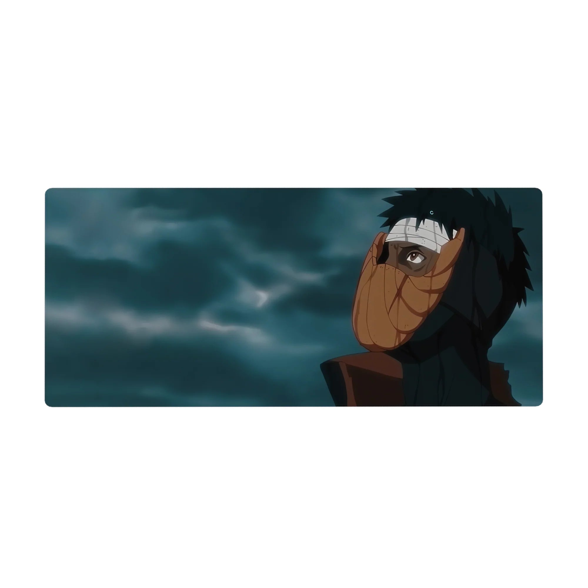36x16 inches anime desk pad with Obito Uchiha orange spiral mask and stormy cloud backdrop.