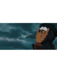 36x16 inches anime desk pad with Obito Uchiha orange spiral mask and stormy cloud backdrop.