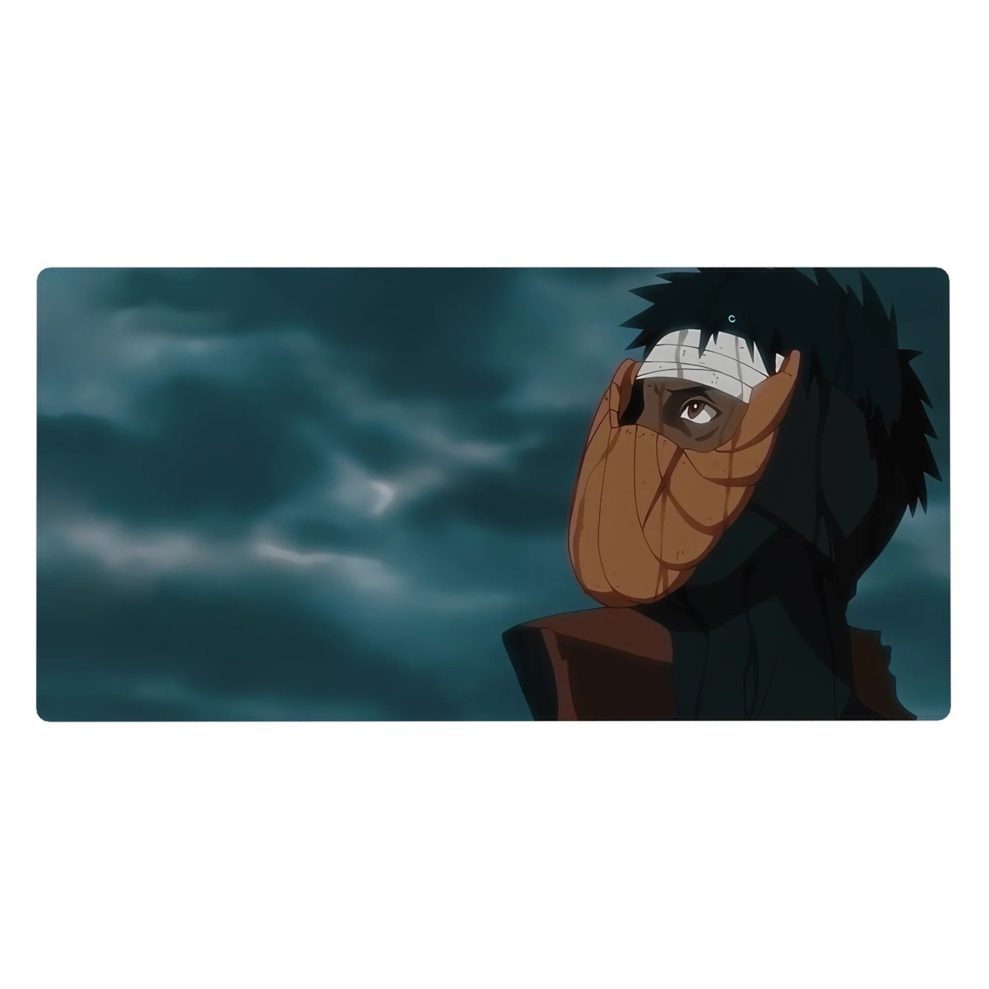 40x20 inches anime desk pad with Obito Uchiha orange spiral mask and stormy cloud backdrop.