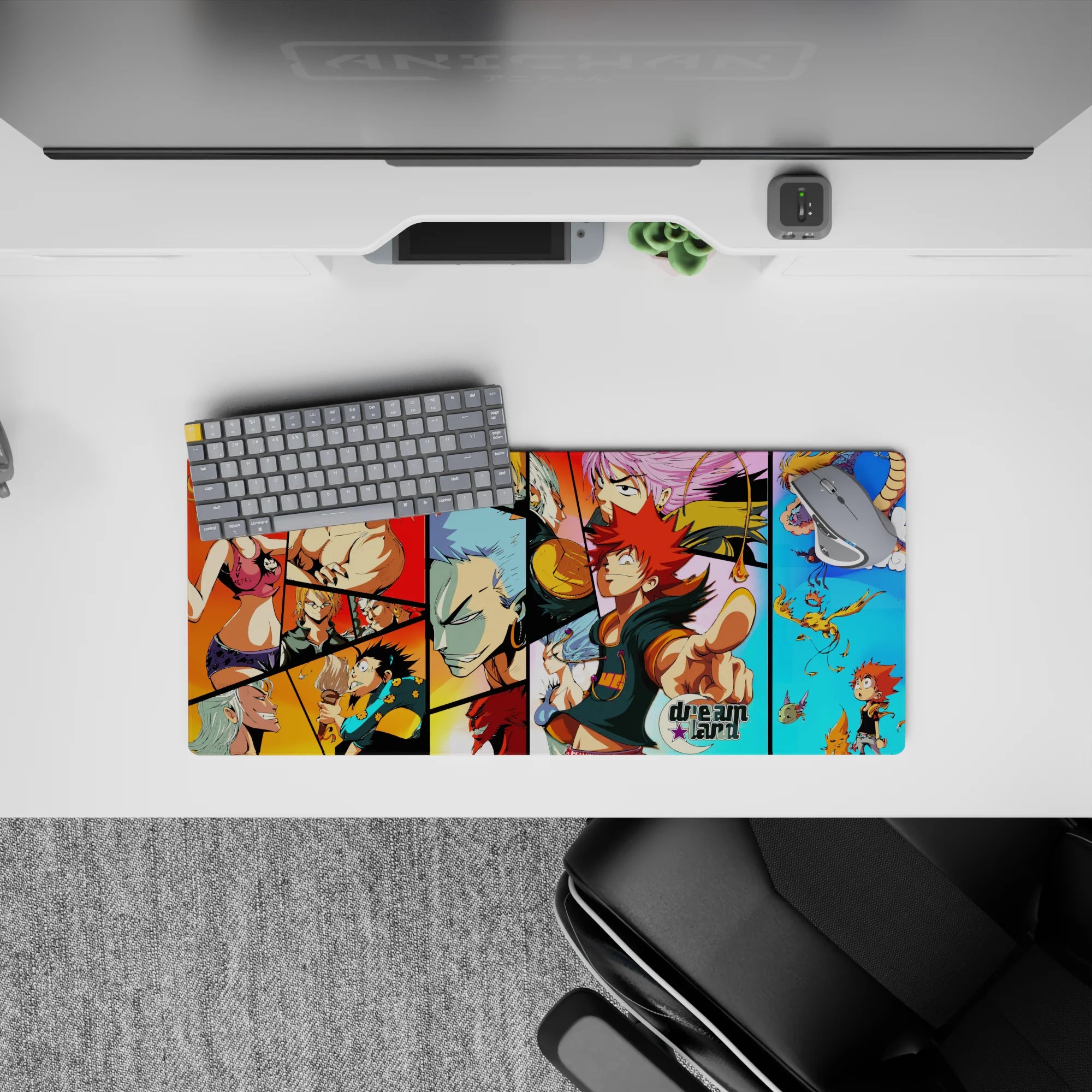 Vibrant red, orange, and sky-blue anime mouse pad 28x12 inches with chaotic playful Dreamland vibe.
