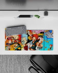 Vibrant red, orange, and sky-blue anime mouse pad 28x12 inches with chaotic playful Dreamland vibe.