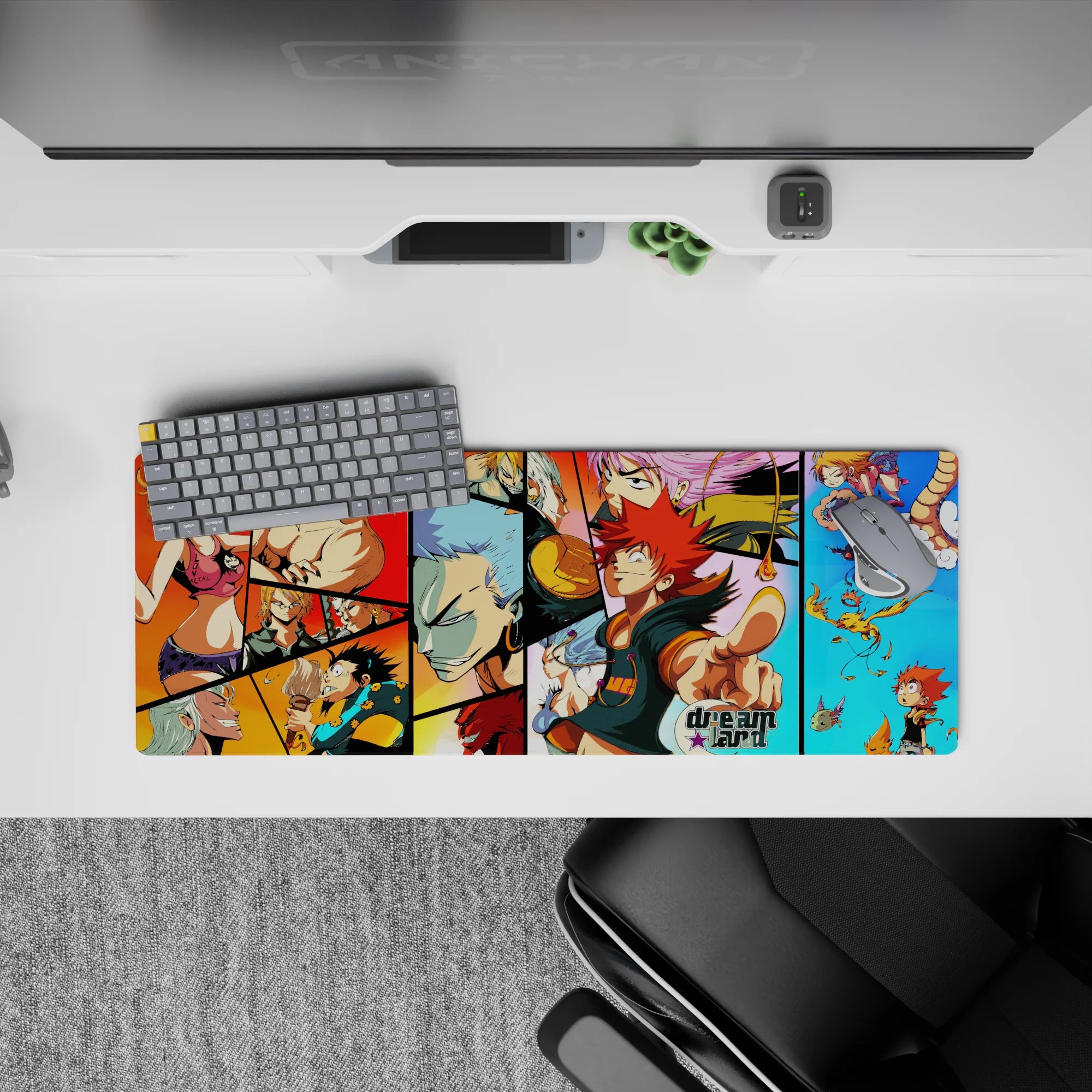 Red, orange, and sky-blue anime mouse pad 32x12 inches with chaotic, bold energy and goofy extras.