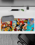 Red, orange, and sky-blue anime mouse pad 32x12 inches with chaotic, bold energy and goofy extras.