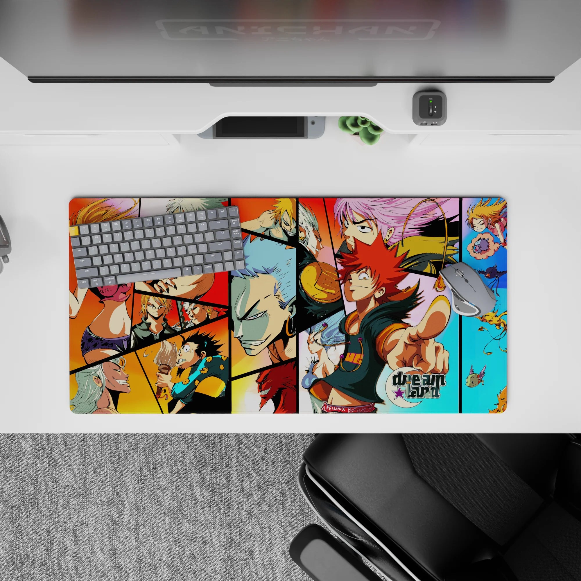 Bright red, sunset orange, and sky-blue anime mouse pad 32x16 inches with chaotic playful vibe.
