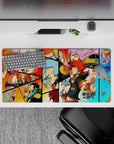 Bright red, sunset orange, and sky-blue anime mouse pad 32x16 inches with chaotic playful vibe.
