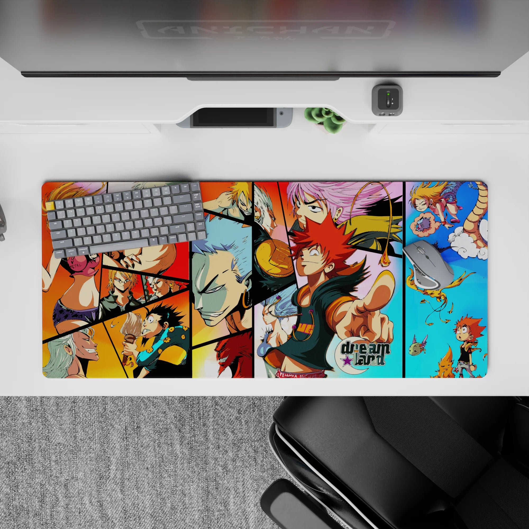 Red, orange, and sky-blue anime desk pad 36x16 inches with chaotic Dreamland vibe, tough-to-playful.