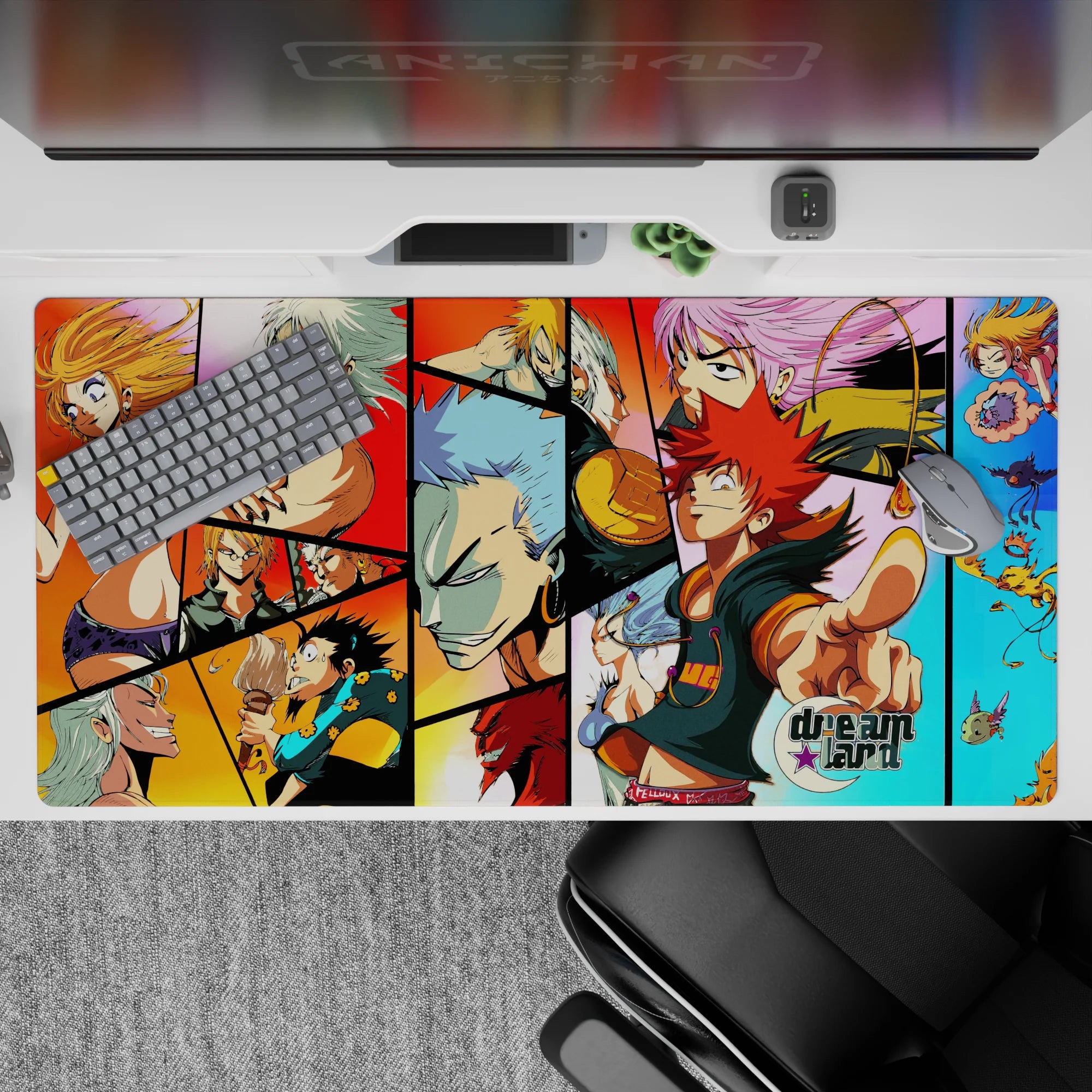 Vibrant red, orange, and sky-blue anime desk pad 40x20 inches with chaotic Dreamland energy.