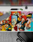 Vibrant red, orange, and sky-blue anime desk pad 40x20 inches with chaotic Dreamland energy.