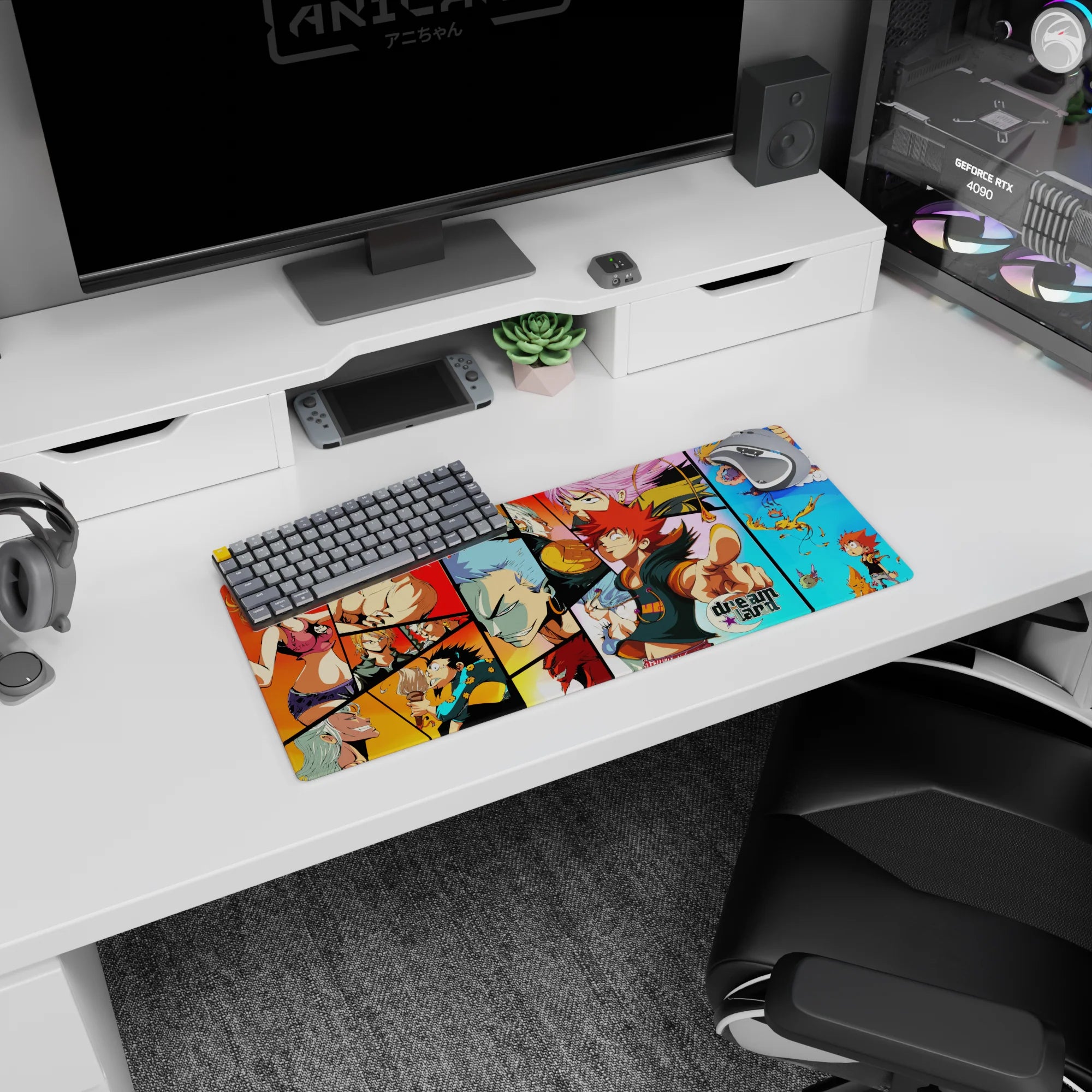 Spiky red-haired hero pointing out on anime mouse pad 28x12 inches, with pink-haired and silver-haired fighters.