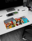 Spiky red-haired hero pointing out on anime mouse pad 28x12 inches, with pink-haired and silver-haired fighters.