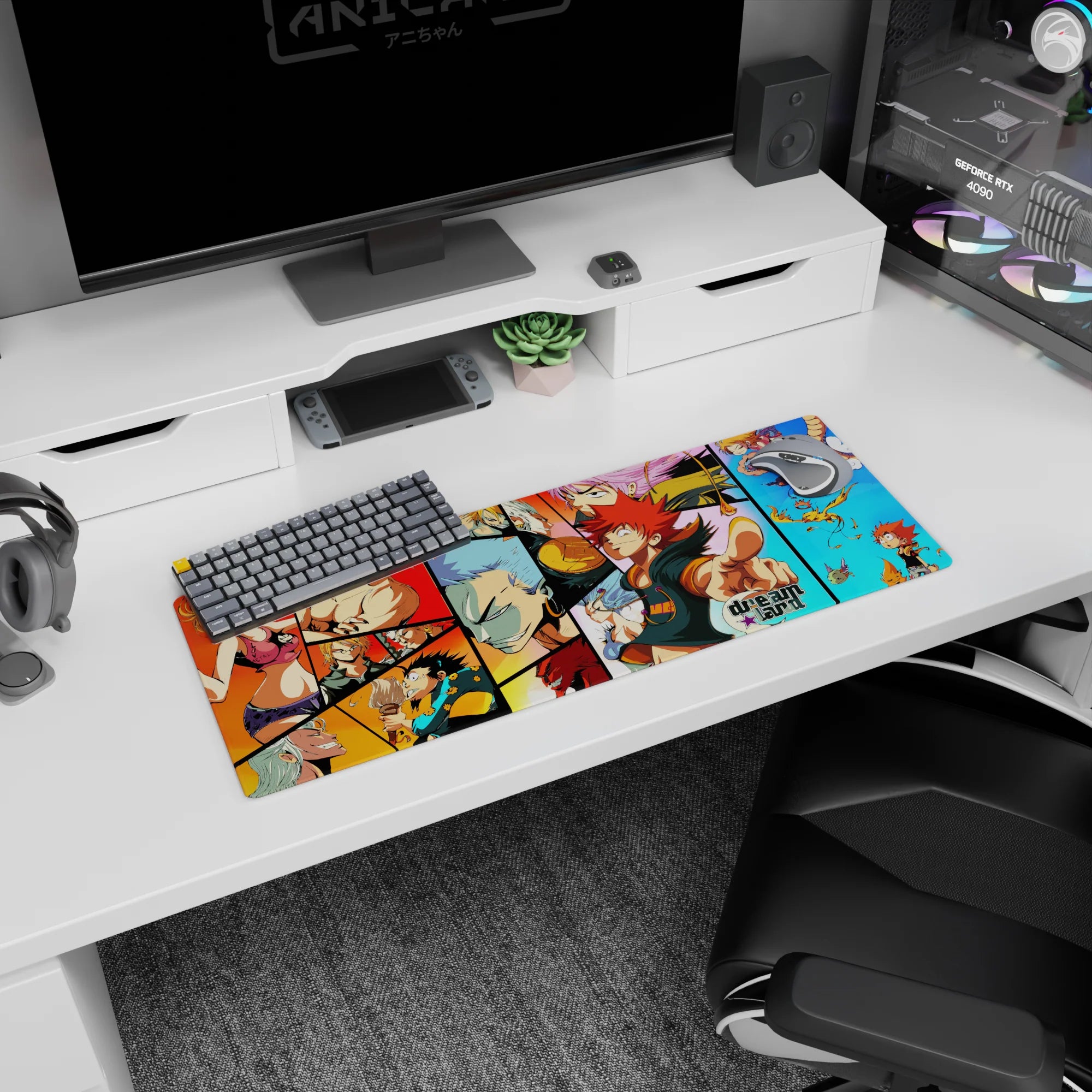 Spiky red-haired hero pointing out on anime mouse pad 32x12 inches, with pink-haired and silver warrior.