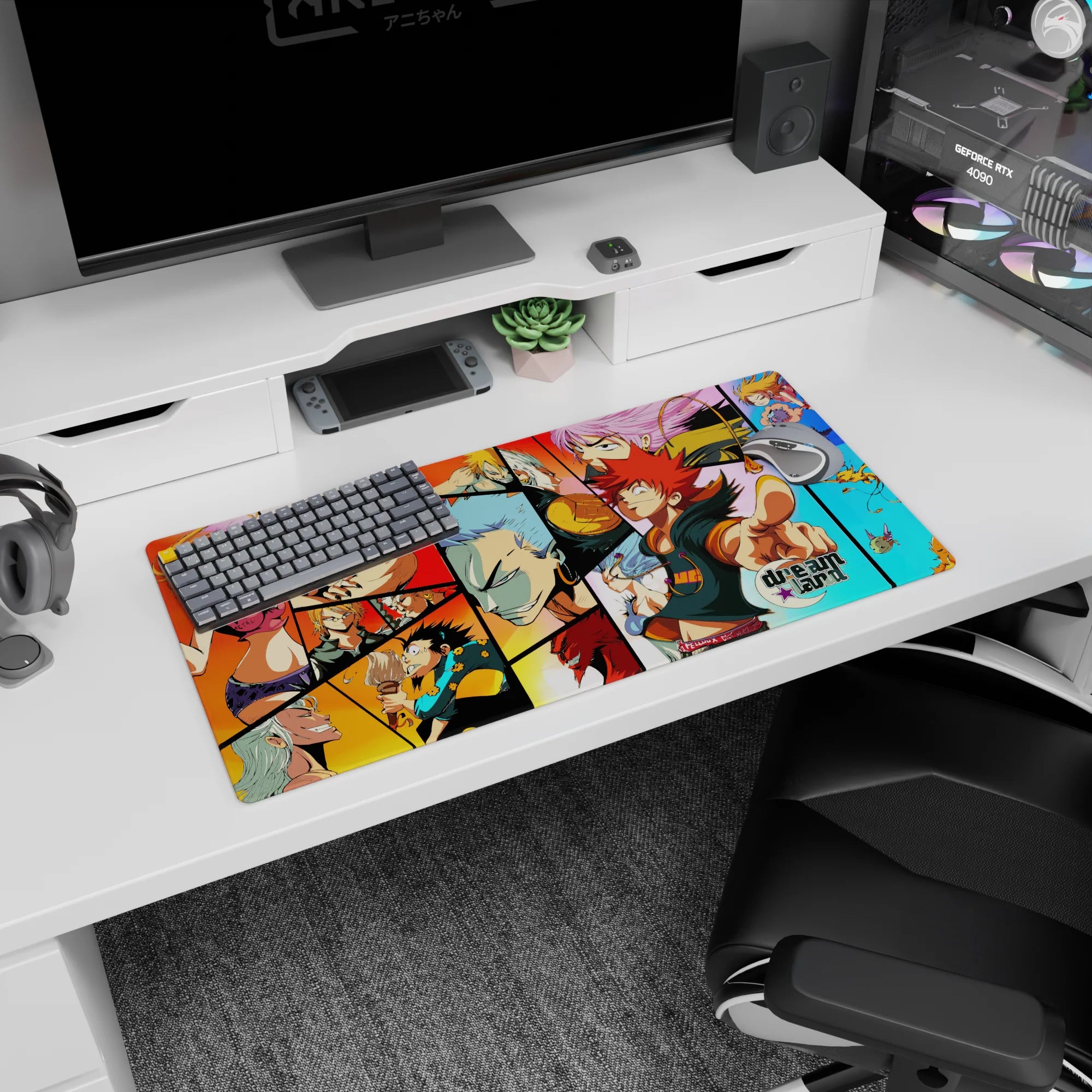 Spiky red-haired hero pointing, with pink-haired fighter and silver-haired warrior mouse pad 32x16 inches.
