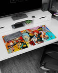 Spiky red-haired hero pointing, with pink-haired fighter and silver-haired warrior mouse pad 32x16 inches.