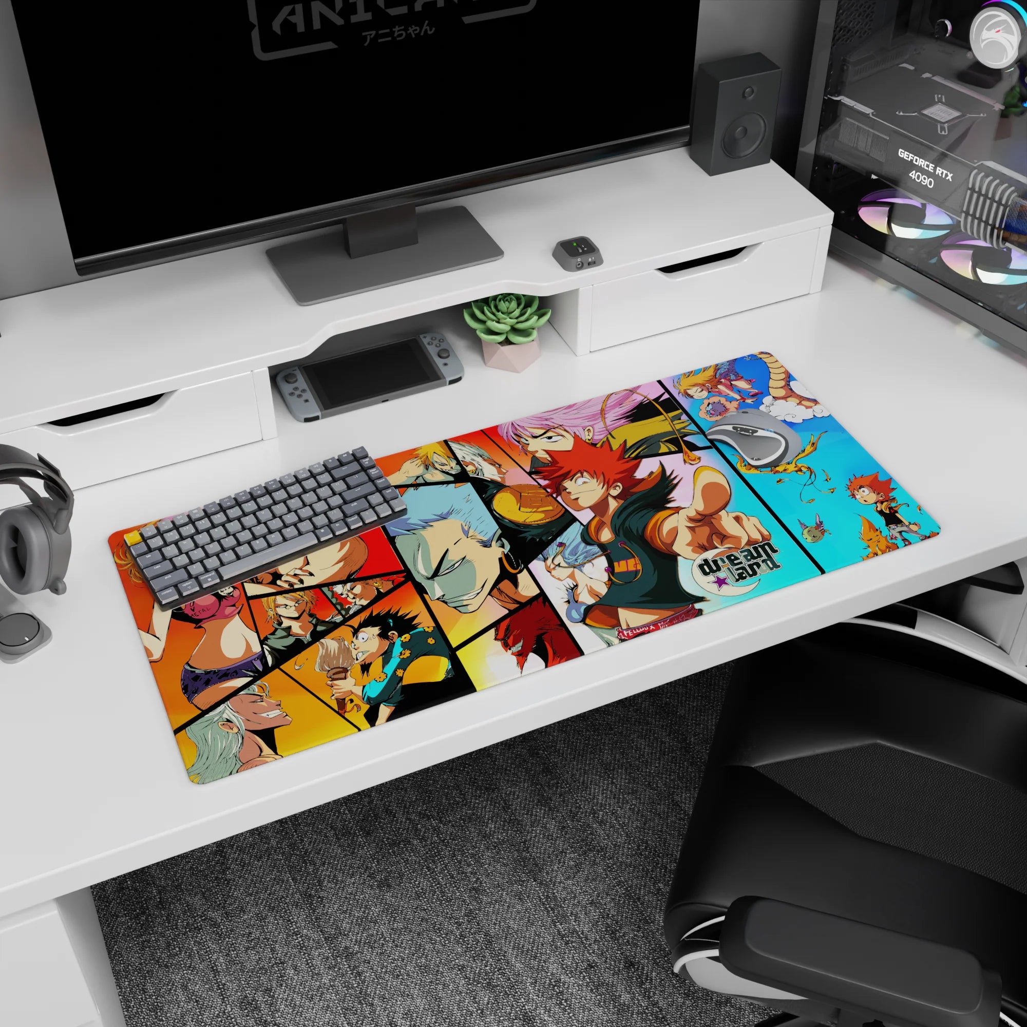 Spiky red-haired hero pointing on anime desk pad 36x16 inches with pink-haired fighter and silver warrior.