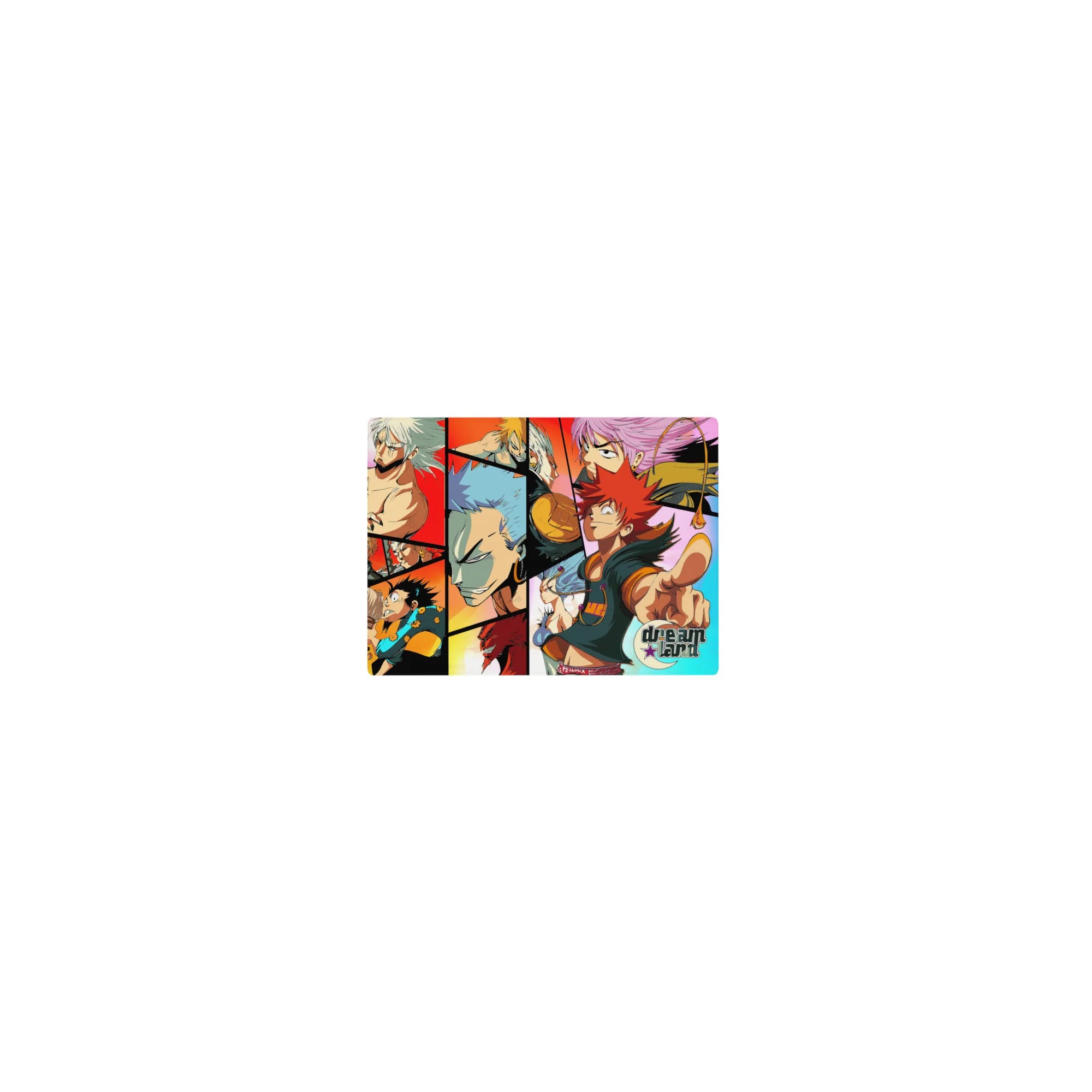 Collage-style classic anime mouse pad 14x10 inches with comic panels, heroes, and playful side scenes.