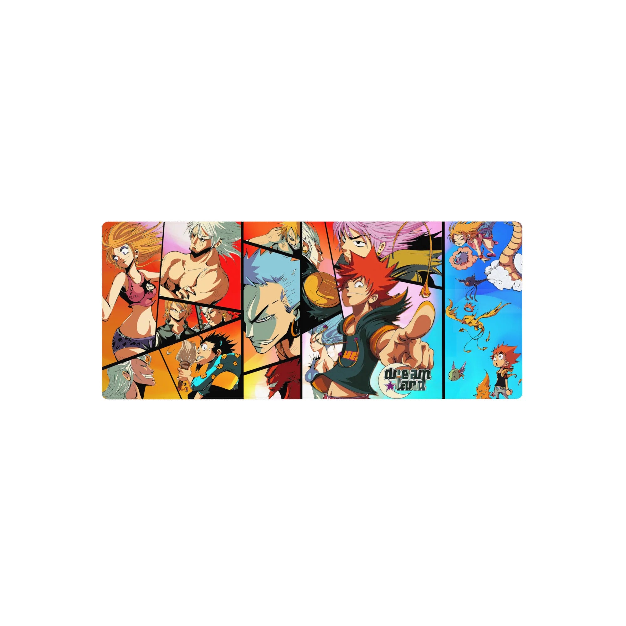 Collage-style anime mouse pad 28x12 inches with comic panels, heroes, goofy faces, and creatures.