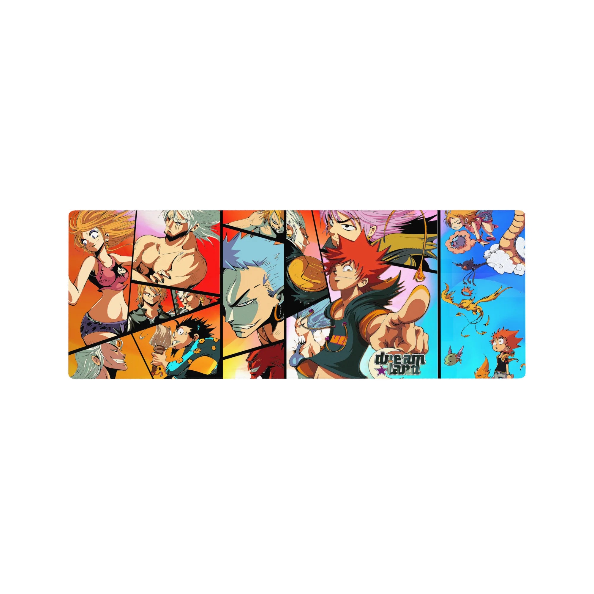 Collage-style anime mouse pad 32x12 inches with comic panels, heroes, and playful side scenes.