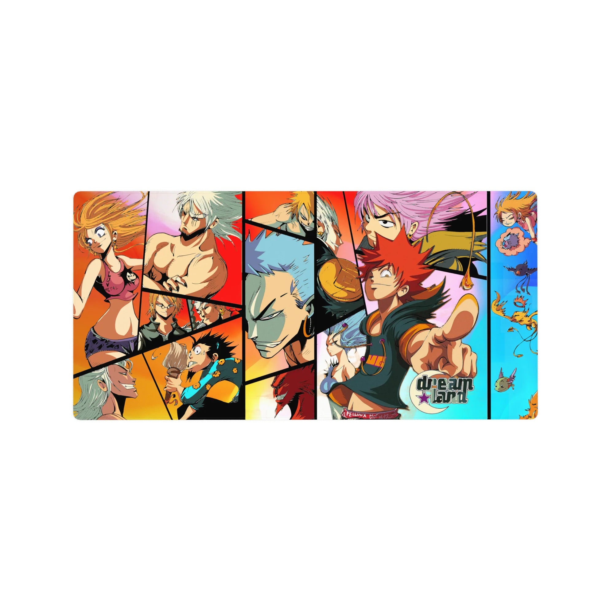 Collage-style anime mouse pad 32x16 inches with comic panels, heroes, goofy faces, and creatures.