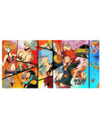 Collage-style anime mouse pad 32x16 inches with comic panels, heroes, goofy faces, and creatures.