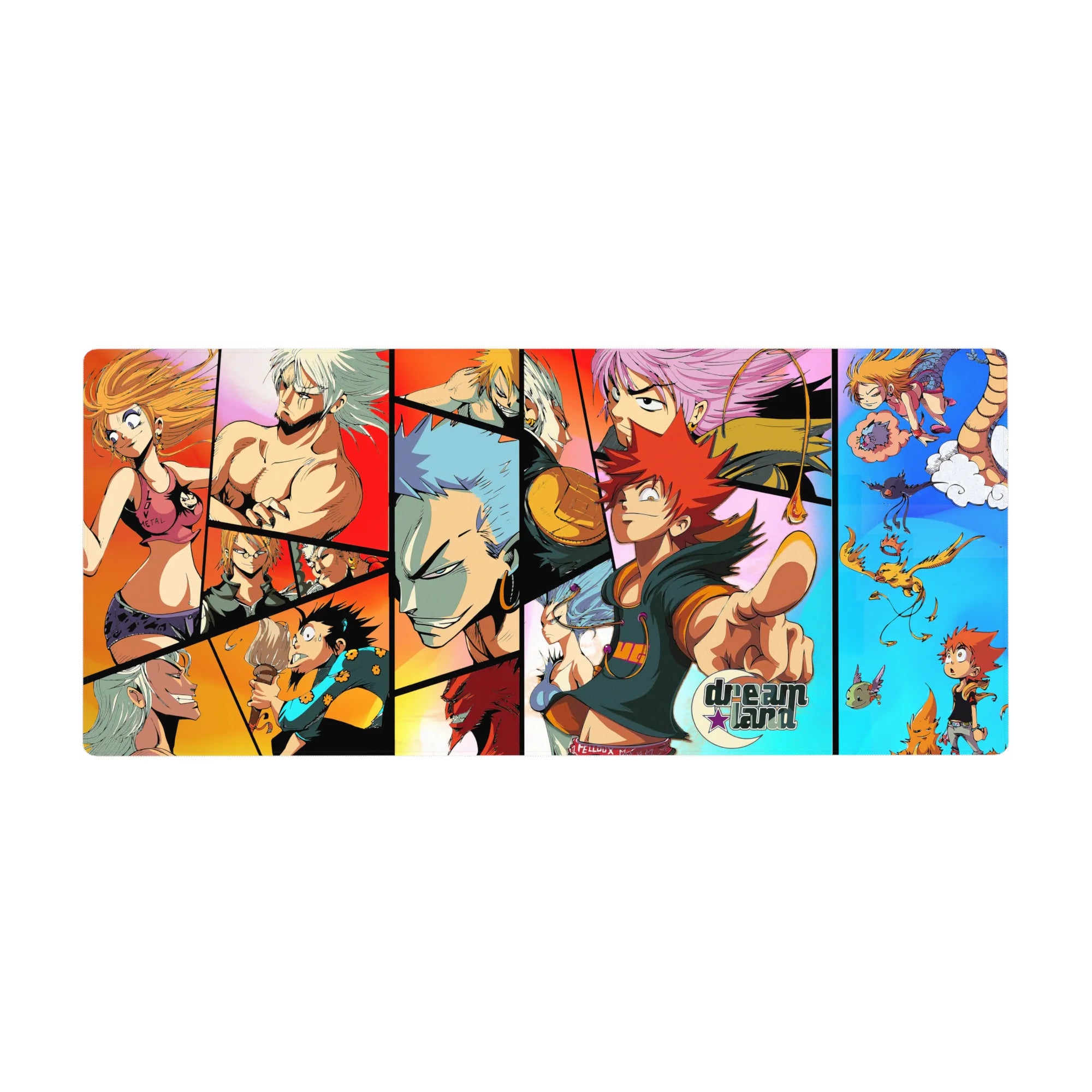 Collage-style anime desk pad 36x16 inches with comic panels, heroes, goofy faces, and tiny flyers.