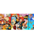 Collage-style anime desk pad 36x16 inches with comic panels, heroes, goofy faces, and tiny flyers.
