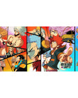 Collage-style anime desk pad 40x20 inches with comic panels, bold heroes, and playful side scenes.