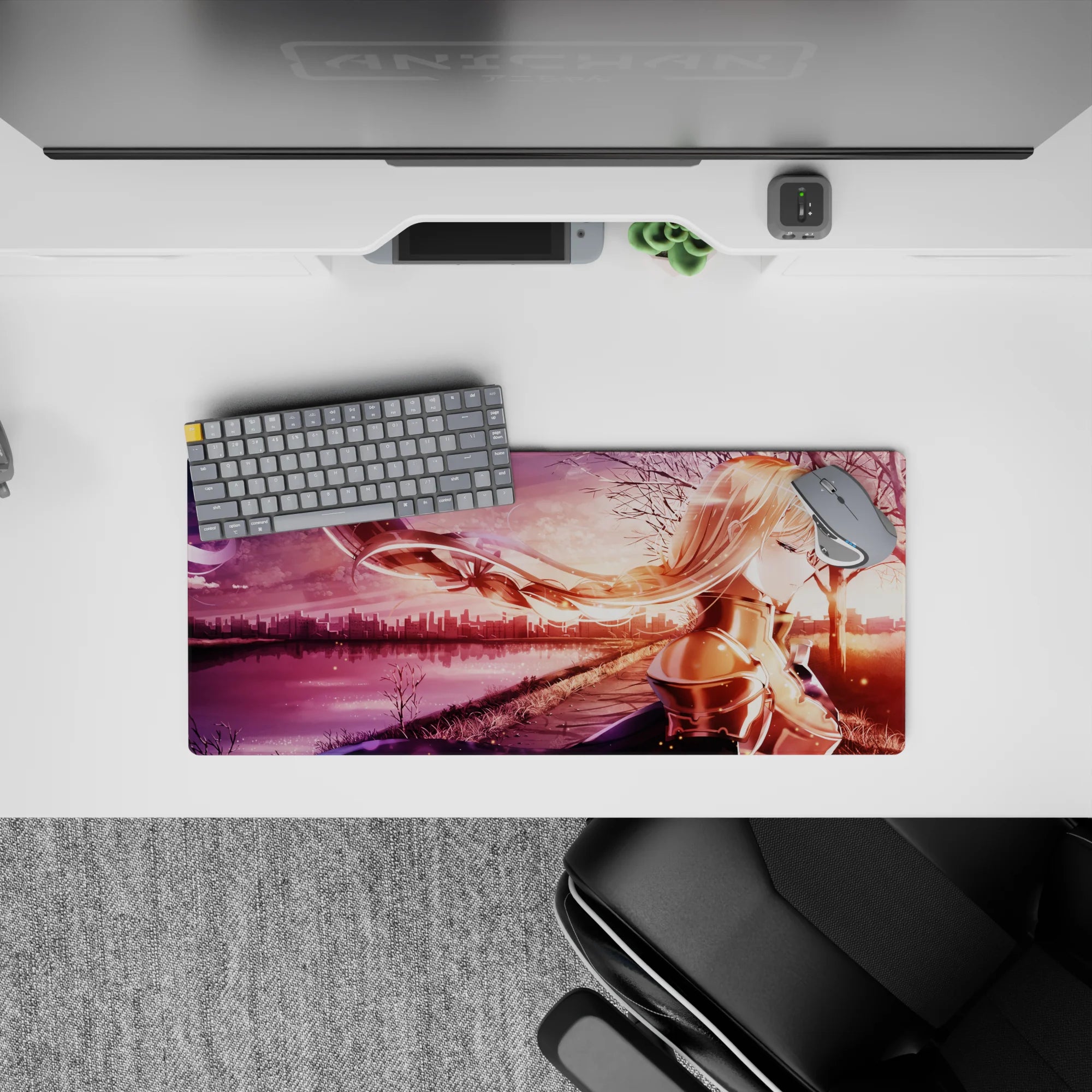 Anime mouse pad 28x12 inches featuring Alice from Sword Art Online with blush tones and copper reflections, sunset cityscape.