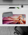 Anime mouse pad 28x12 inches featuring Alice from Sword Art Online with blush tones and copper reflections, sunset cityscape.