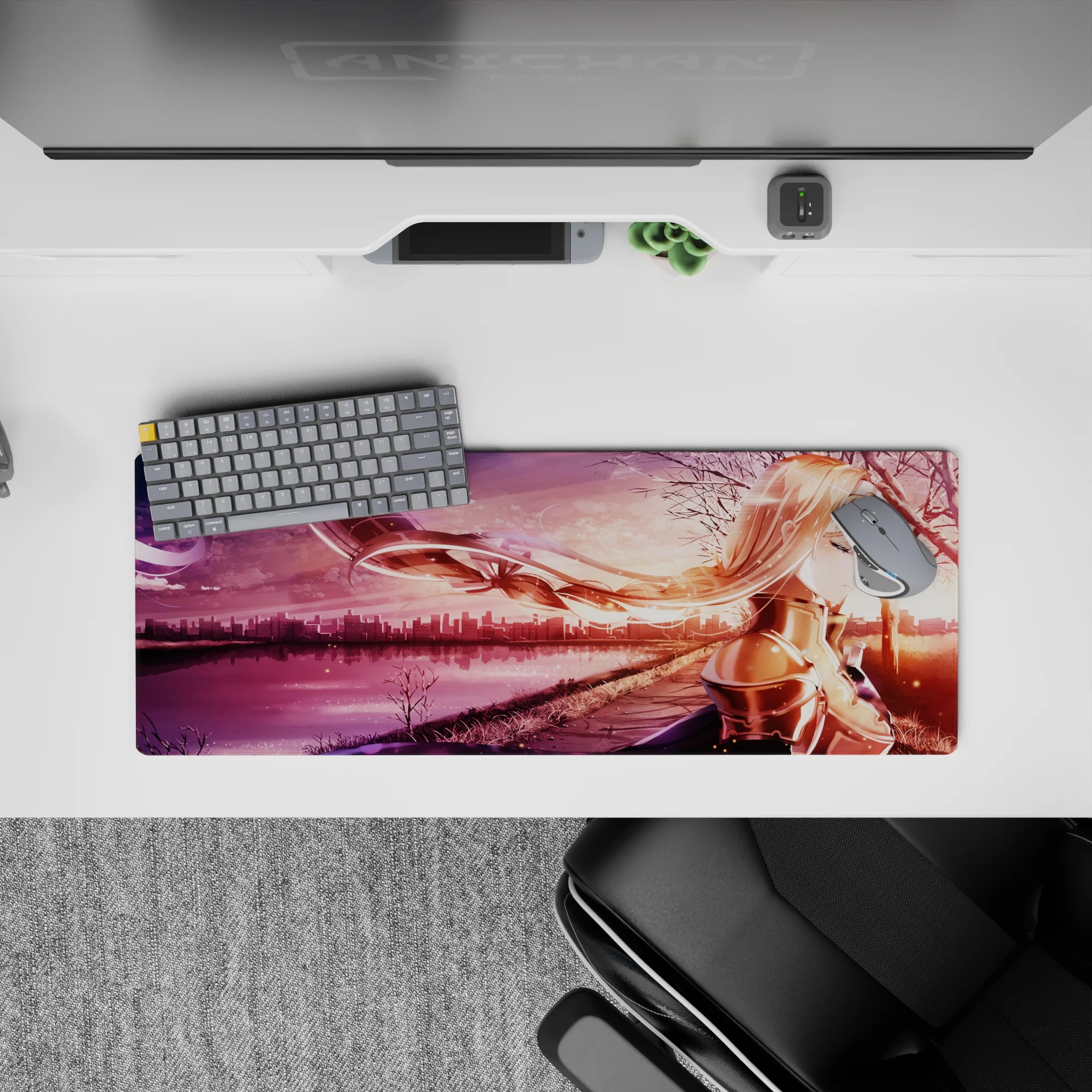 Anime mouse pad featuring Alice from Sword Art Online, size 32x12 inches, with a serene sunset cityscape and blush tones.
