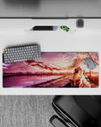 Anime mouse pad featuring Alice from Sword Art Online, size 32x12 inches, with a serene sunset cityscape and blush tones.