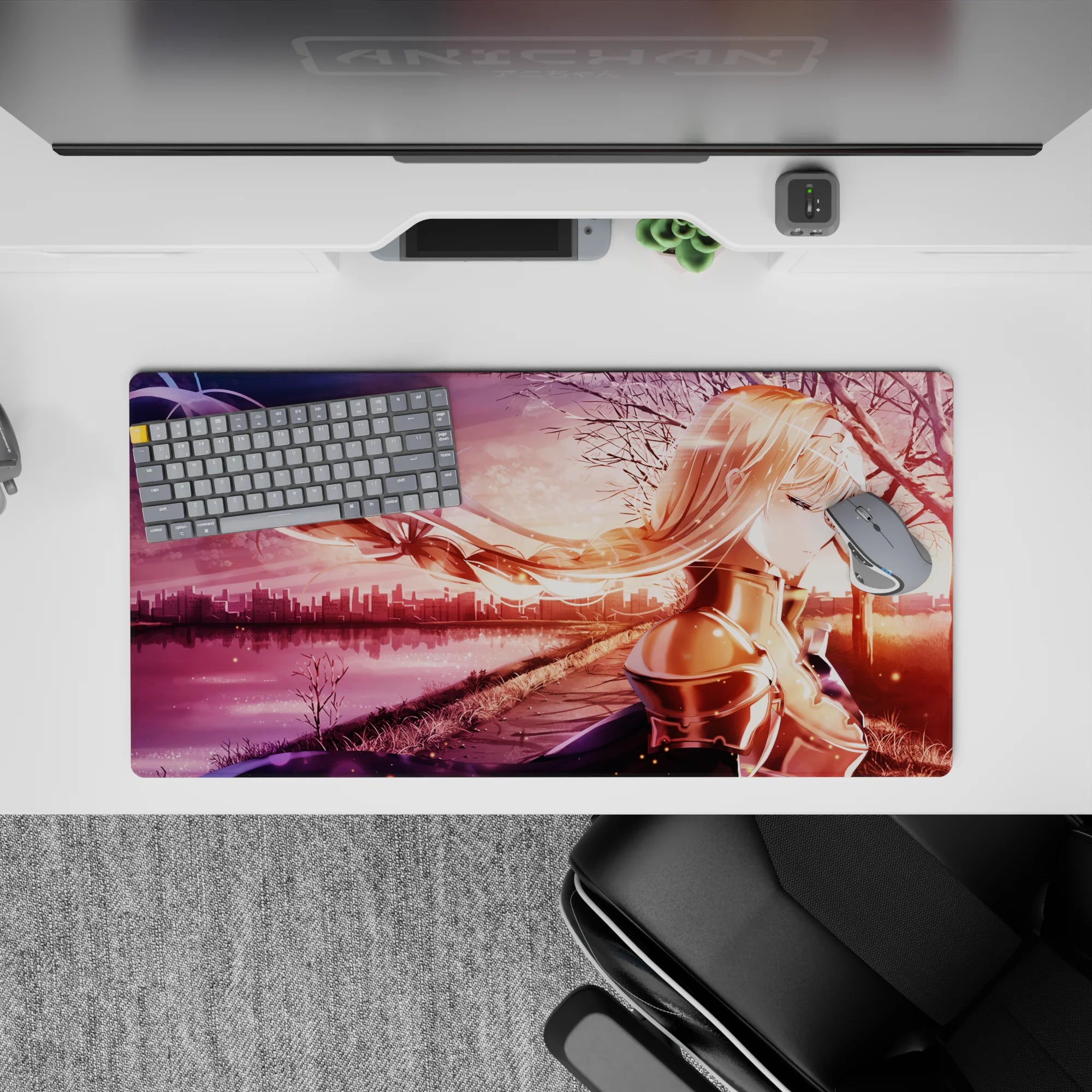 Anime mouse pad 32x16 inches featuring Alice from Sword Art Online, golden hour hues, sunset cityscape, serene ambiance.