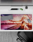 Anime mouse pad 32x16 inches featuring Alice from Sword Art Online, golden hour hues, sunset cityscape, serene ambiance.