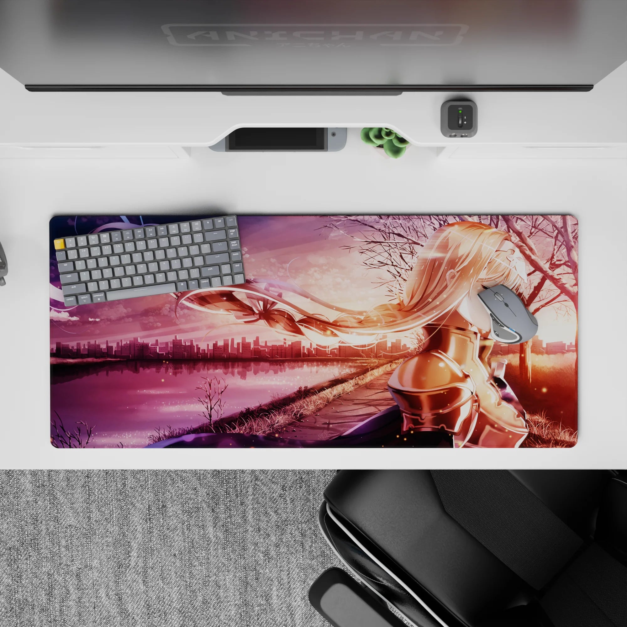 Anime mouse pad 36x16 inches featuring Alice from Sword Art Online in sunset tones, enhancing your desk décor.