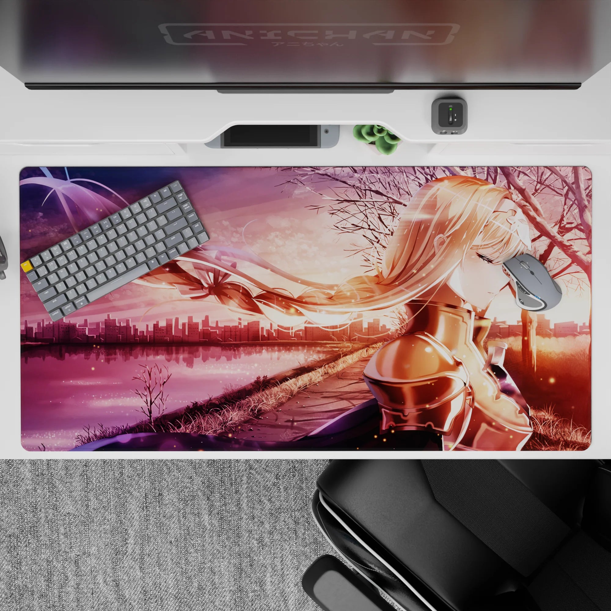 Anime desk pad 40x20 inches featuring Alice from Sword Art Online, embodying golden hues and serene sunset cityscape.