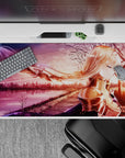 Anime desk pad 40x20 inches featuring Alice from Sword Art Online, embodying golden hues and serene sunset cityscape.