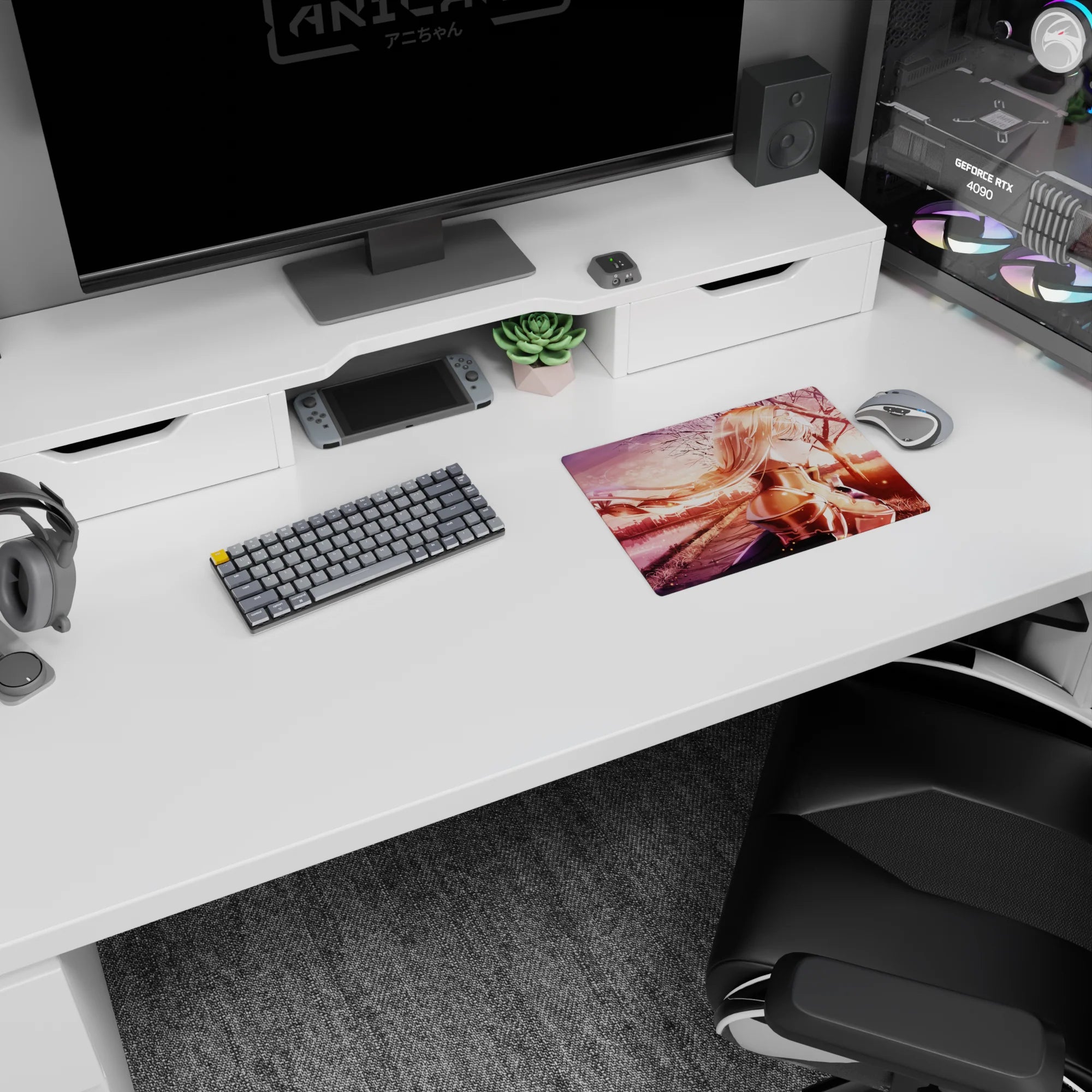 Alice from Sword Art Online anime mouse pad, 14x10 inches, with blush tones and sunset cityscape for a serene desk look.