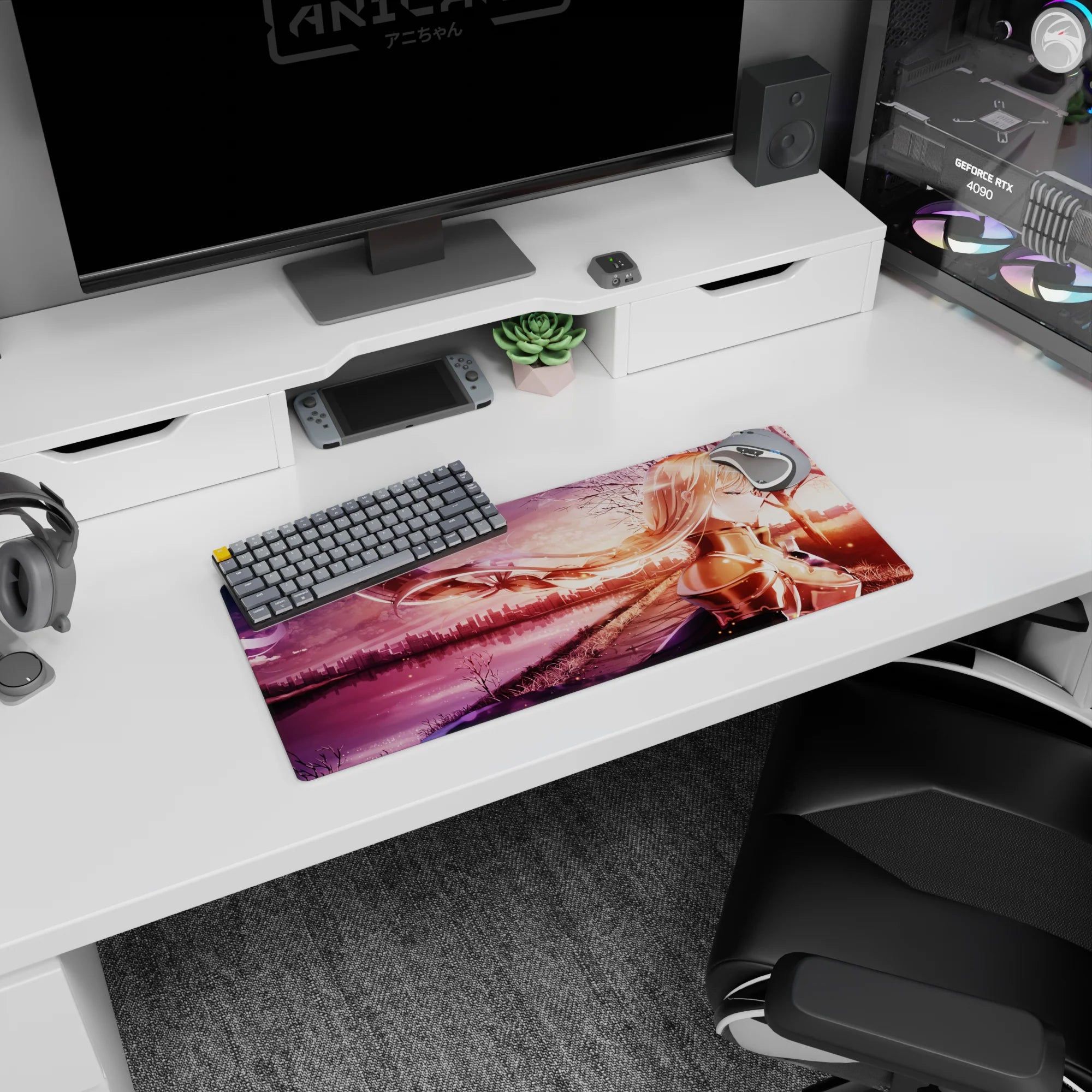 Anime mouse pad 28x12 inches featuring Alice from Sword Art Online, in rich blush tones and shimmering copper reflections.