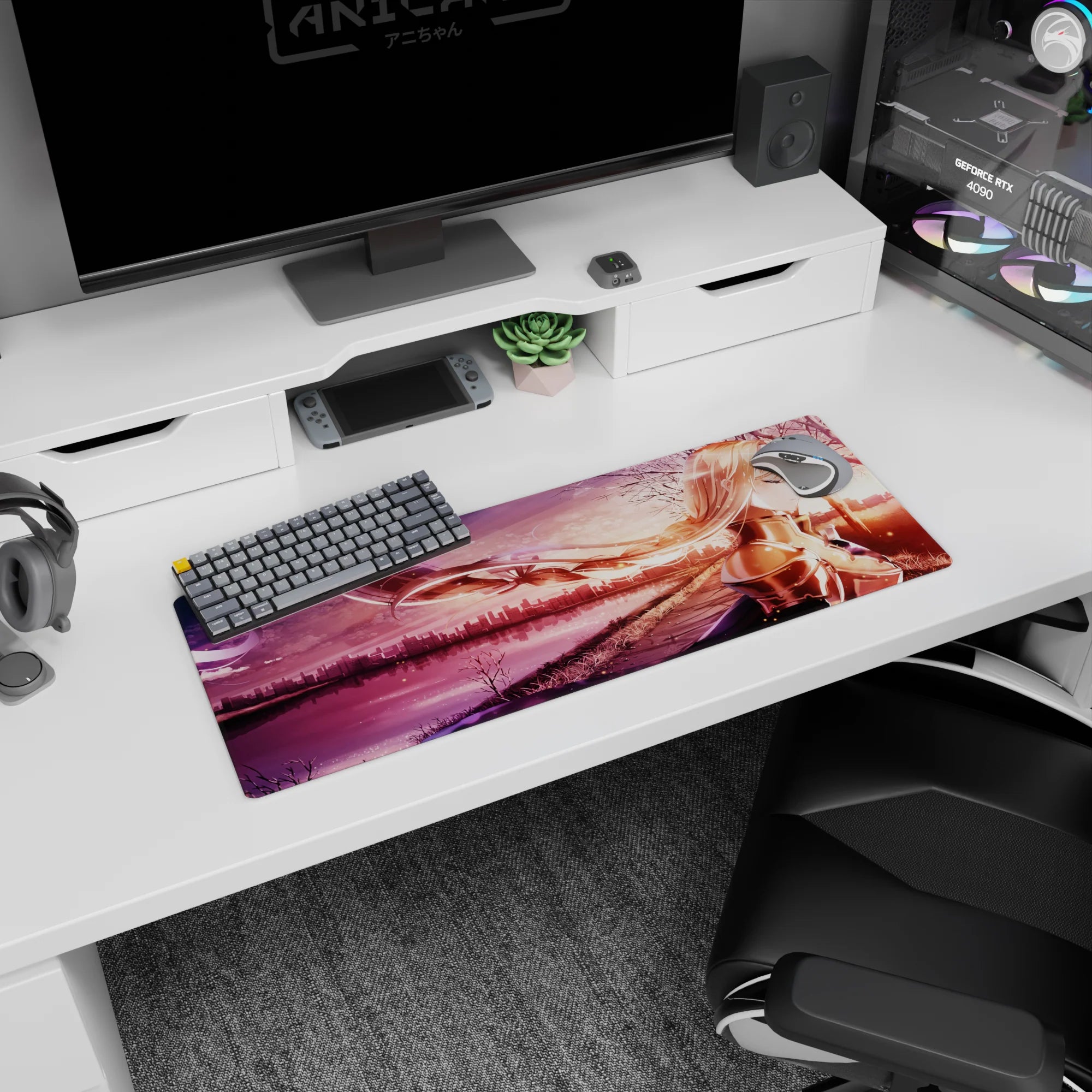 Anime mouse pad 32x12 inches featuring Alice from Sword Art Online; rich blush tones and sunset cityscape backdrop.