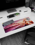 Anime mouse pad 32x12 inches featuring Alice from Sword Art Online; rich blush tones and sunset cityscape backdrop.