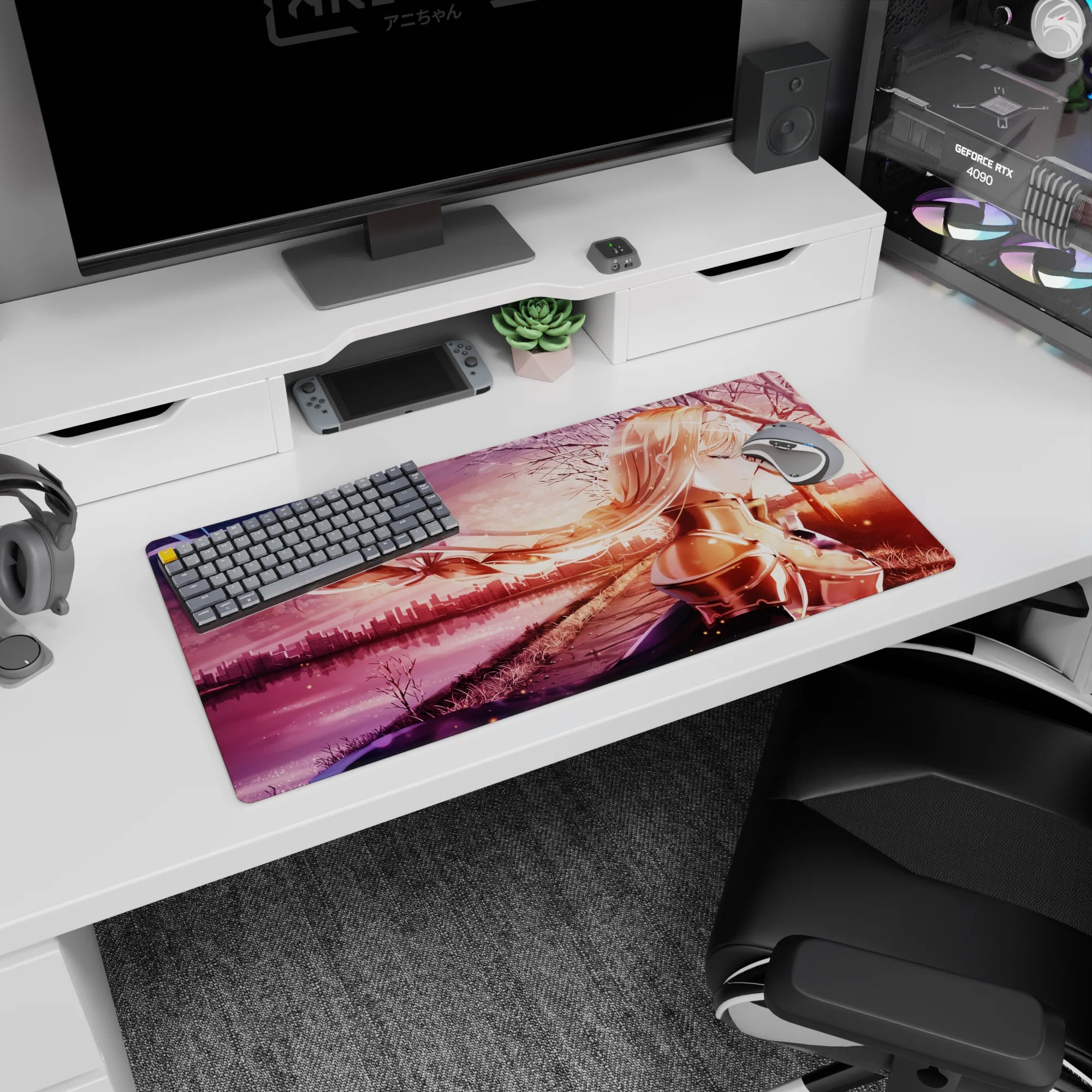 Anime mouse pad 32x16 inches featuring Alice from Sword Art Online with blush tones and sunset cityscape background.