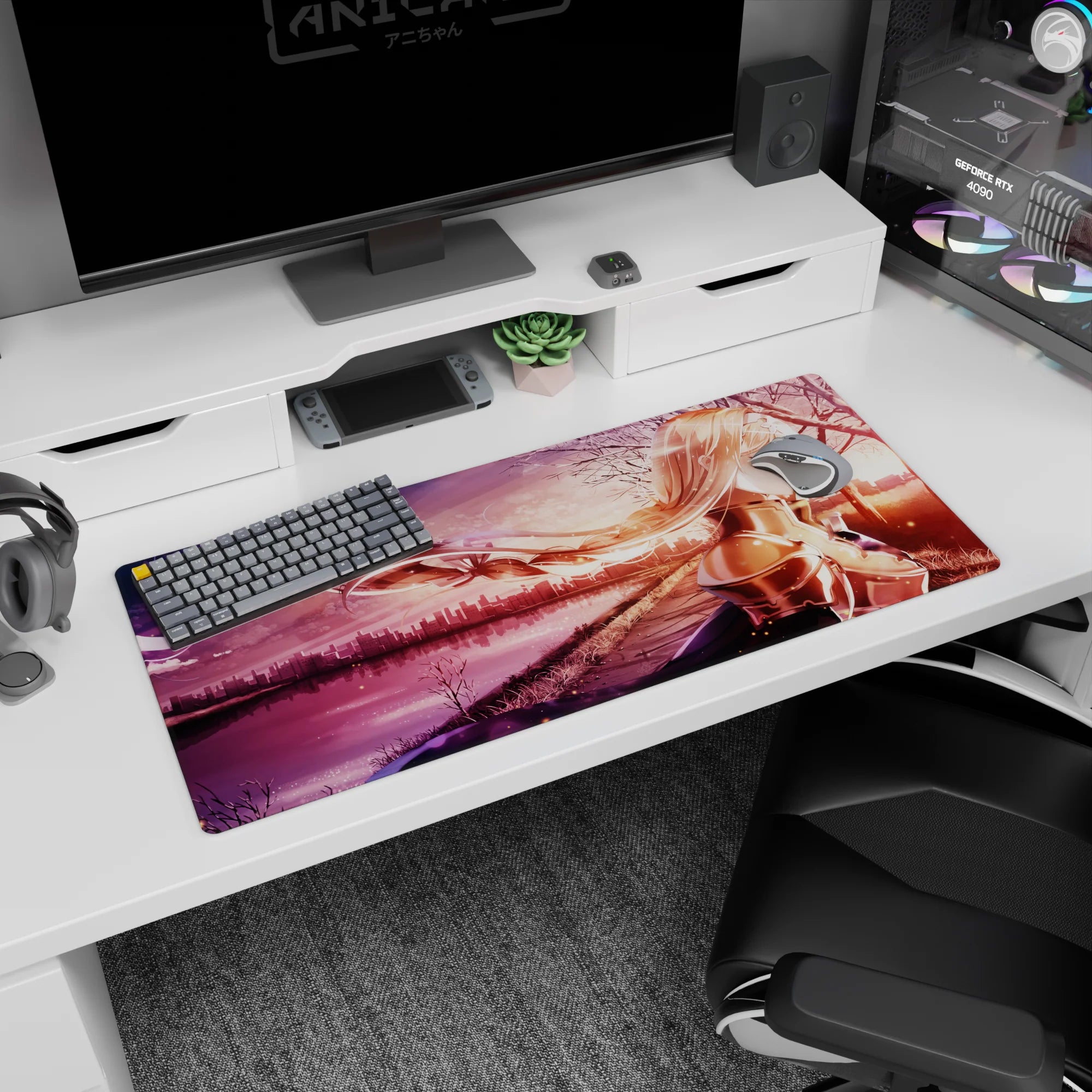 Anime mouse pad 36x16 inches featuring Alice from Sword Art Online with blush tones, copper reflections, and cityscape backdrop.