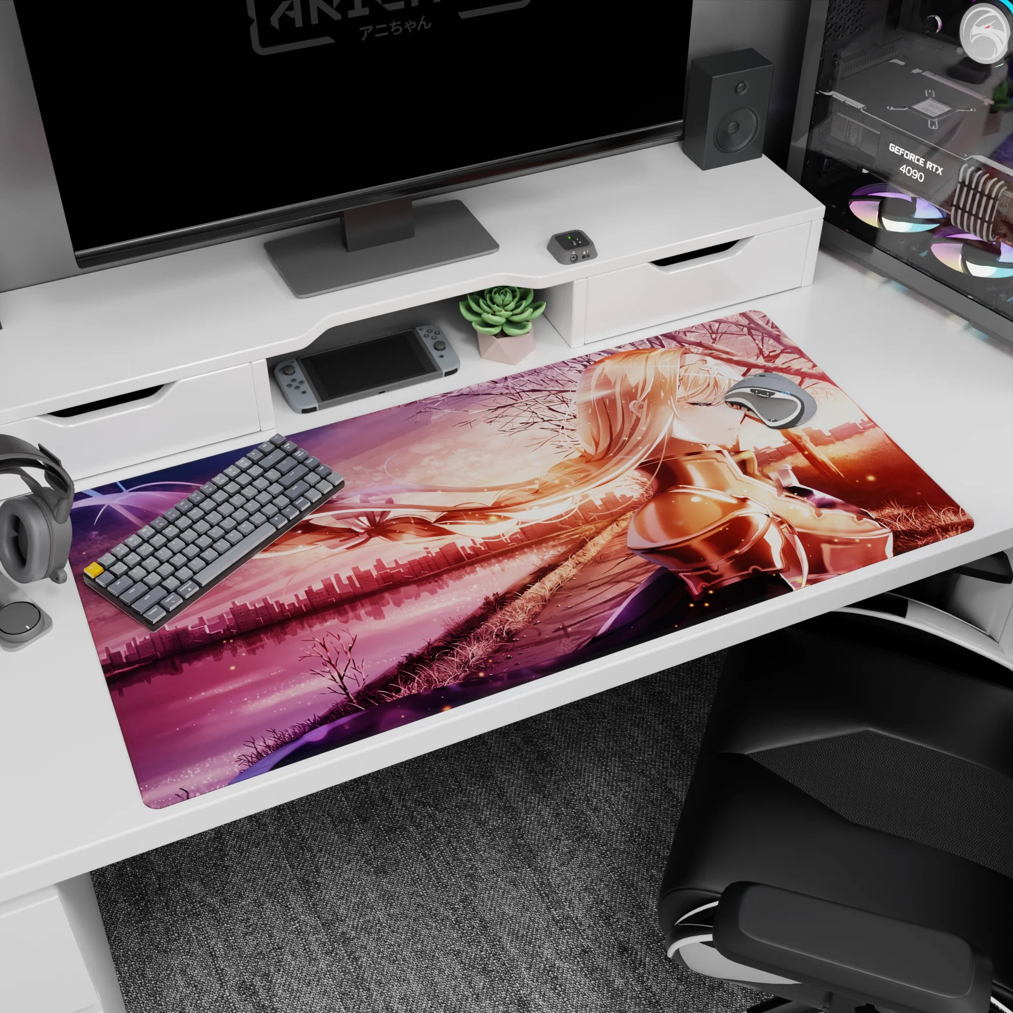 Anime desk pad 40x20 inches featuring Alice from Sword Art Online, in blush tones and copper with a sunset cityscape.