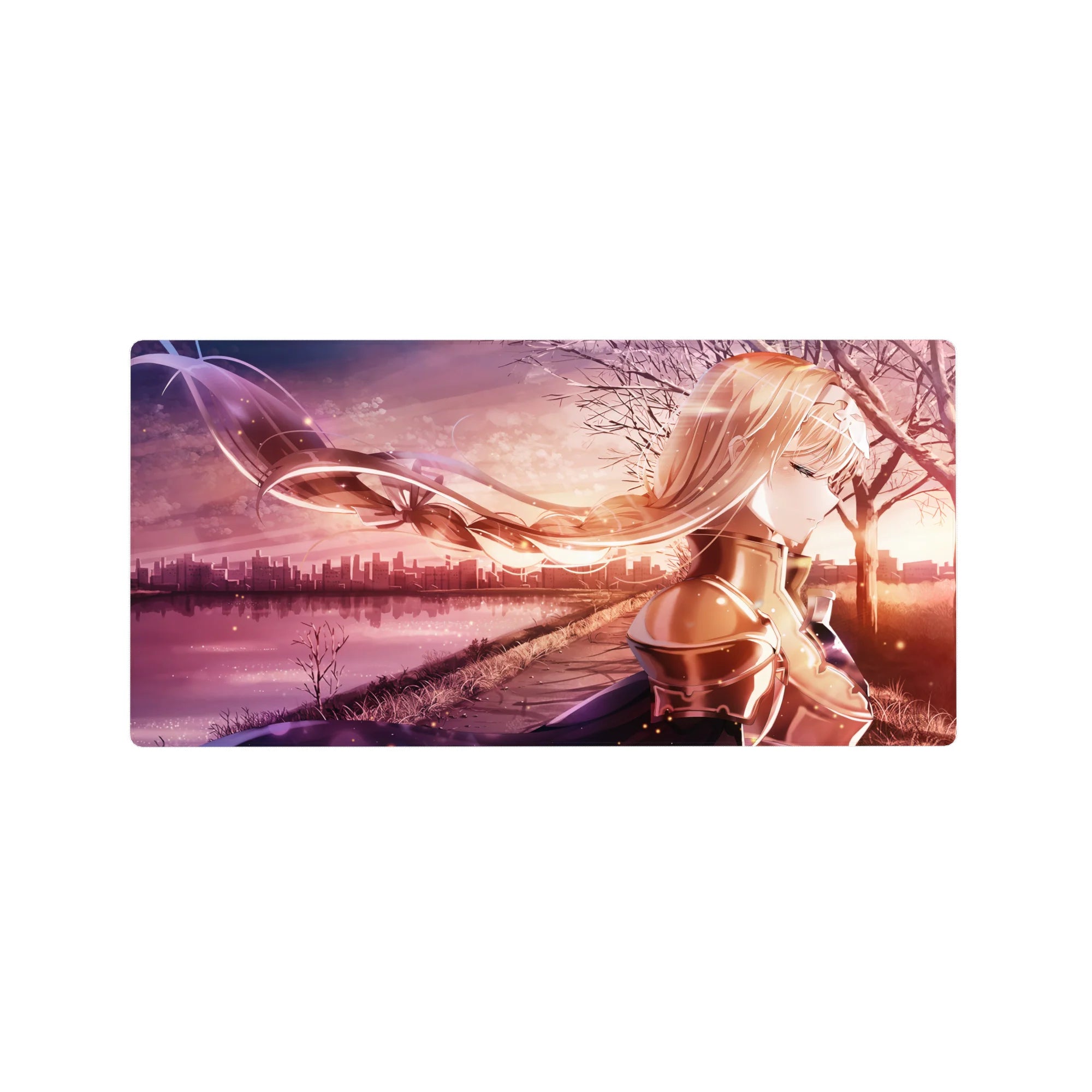 Anime mouse pad 32x16 inches featuring Alice from Sword Art Online with sunset cityscape and rich blush tones.